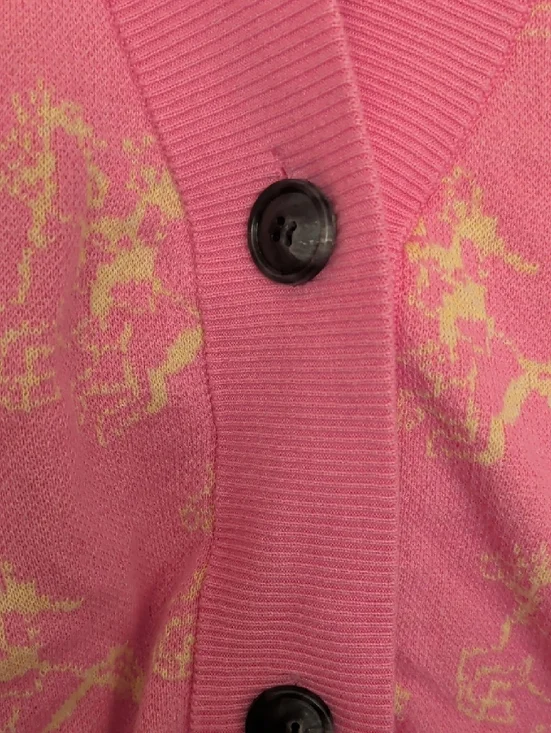 Pink Patterned With Yellow Cowgirls V-Neck Cardigan Sweater - Picture 4 of 6